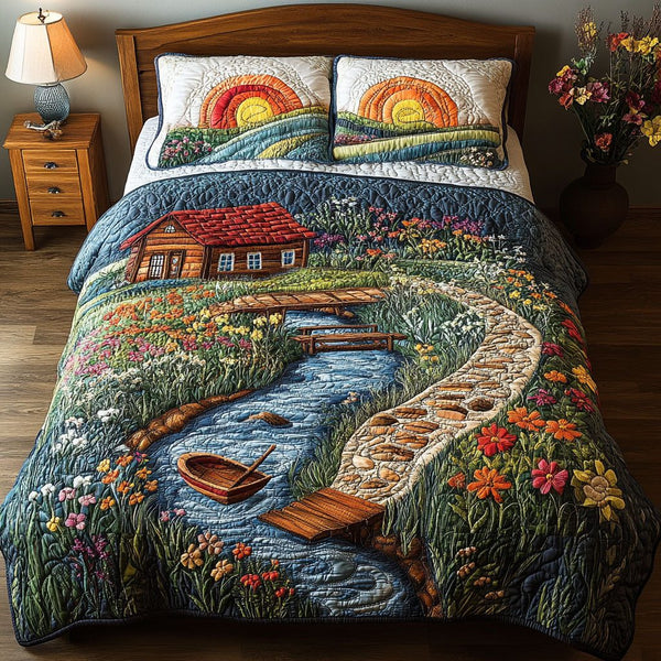 Vibrant Floral Escape quilted 3-piece bedding set on a made bed with two matching pillow shams