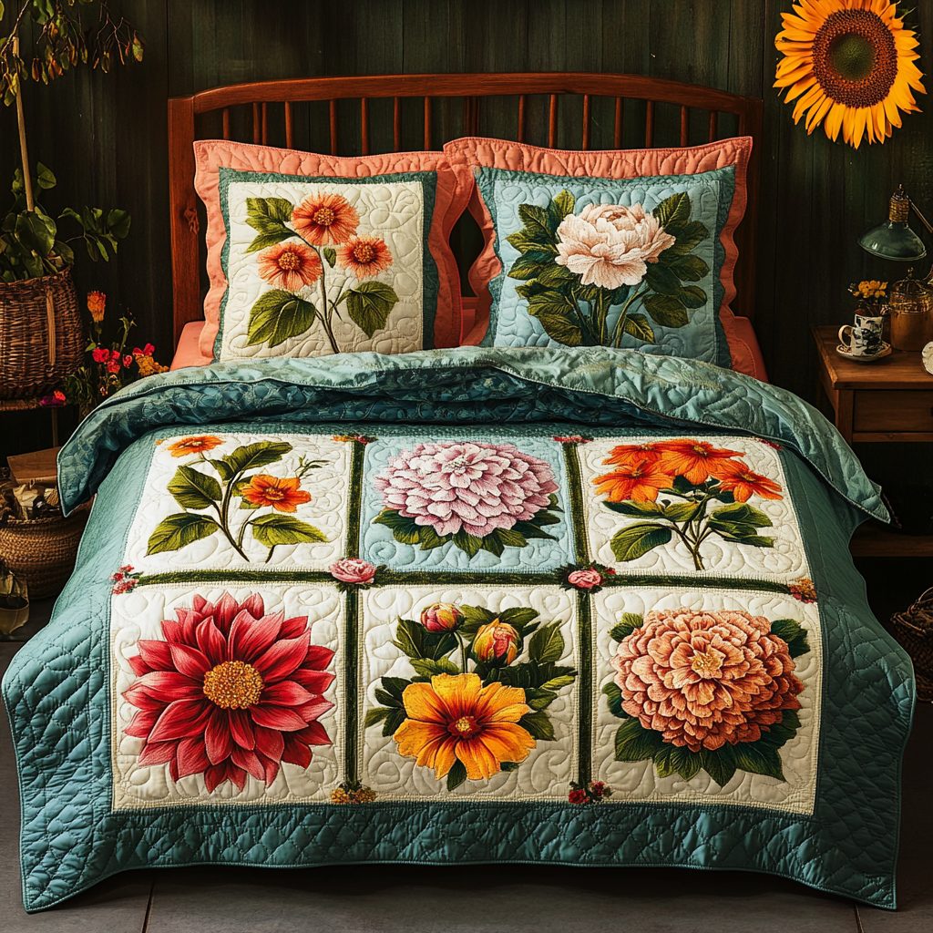 Vibrant Floral Patchwork quilted 3-piece bedding set on a made bed in a farmhouse bedroom