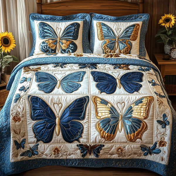 Vibrant Flutter quilted 3-piece bedding set on a made bed with two matching pillow shams