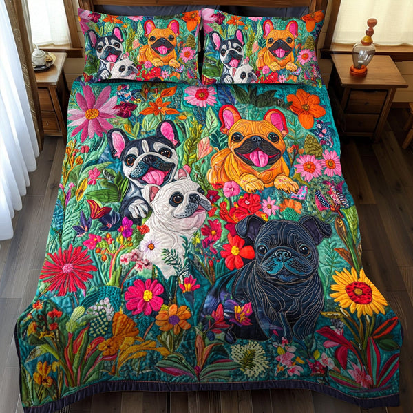 Vibrant Frenchie Faces quilted 3-piece bedding set on a made bed with two matching pillow shams