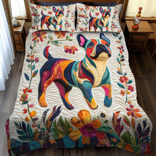 Vibrant Frenchie Faces quilted 3-piece bedding set on a made bed with two matching pillow shams