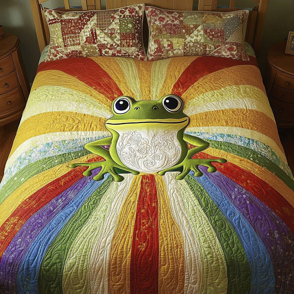 Vibrant Frog Spectrum quilted 3-piece bedding set on a made bed with two matching pillow shams