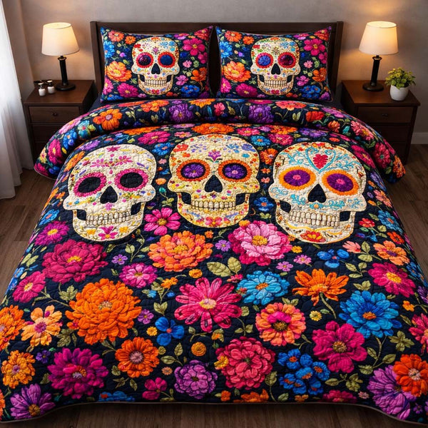 Vibrant Garden Skulls quilted 3-piece bedding set on a made bed against a dark styled interior