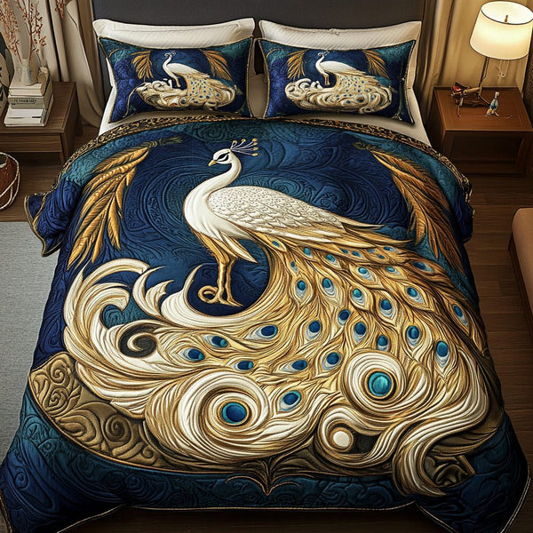 Vibrant Glory quilted 3-piece bedding set on a made bed with two matching pillow shams