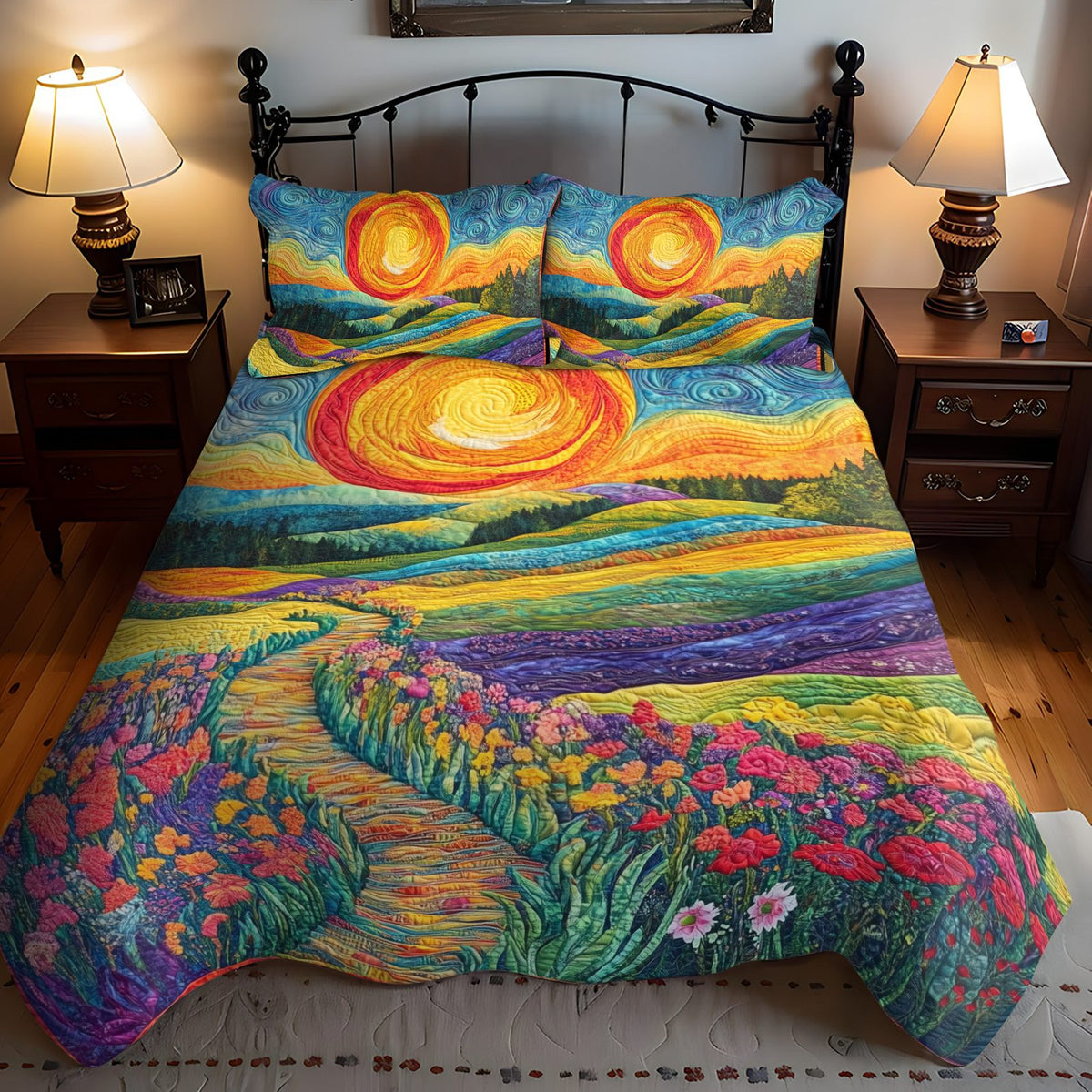 Vibrant Horizon quilted 3-piece bedding set on a made bed with two matching pillow shams