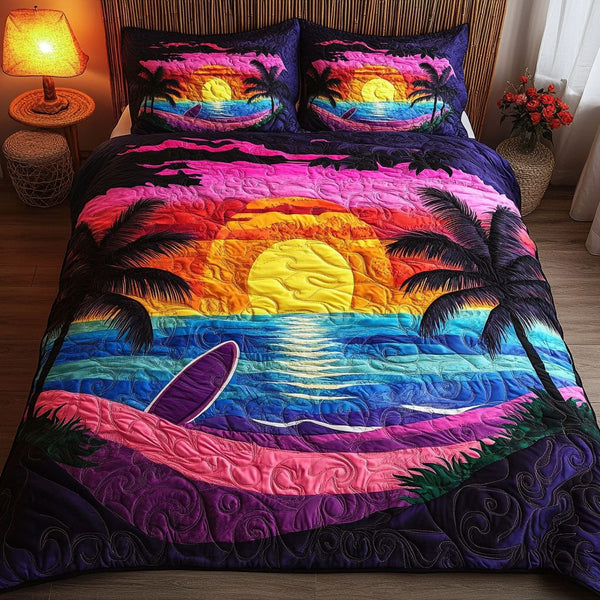 Vibrant Horizons quilted 3-piece bedding set on a made bed with two matching pillow shams