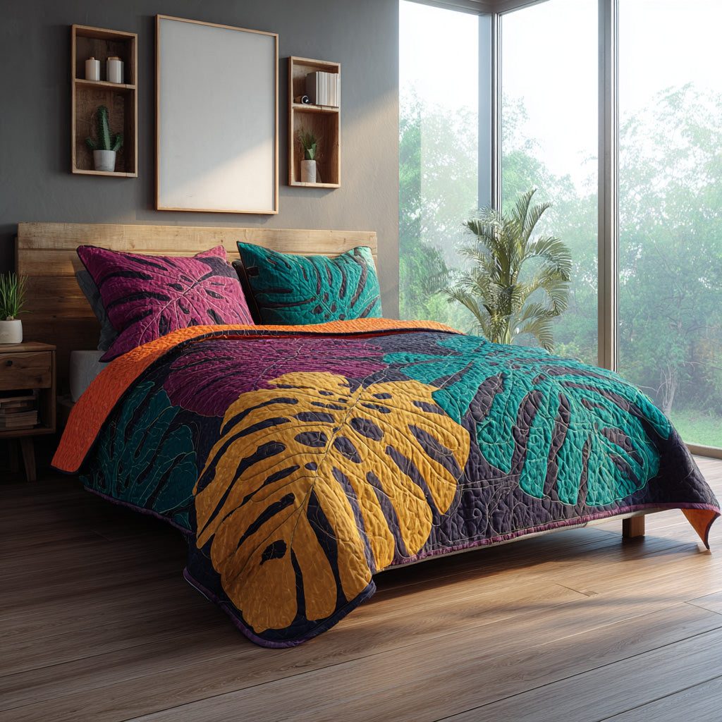 Vibrant Jungle quilted 3-piece bedding set on a made bed with two matching pillow shams