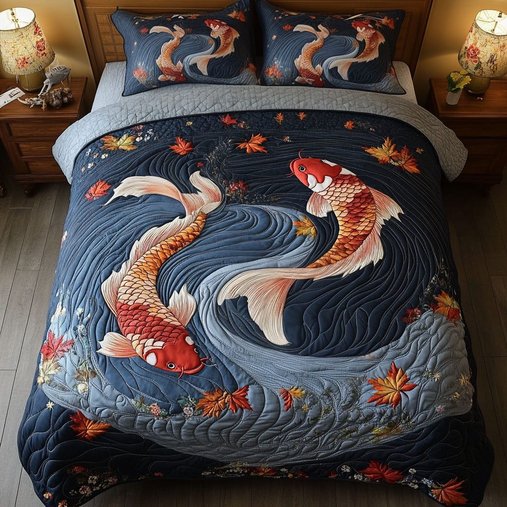 Vibrant Koi quilted 3-piece bedding set on a made bed with two matching pillow shams