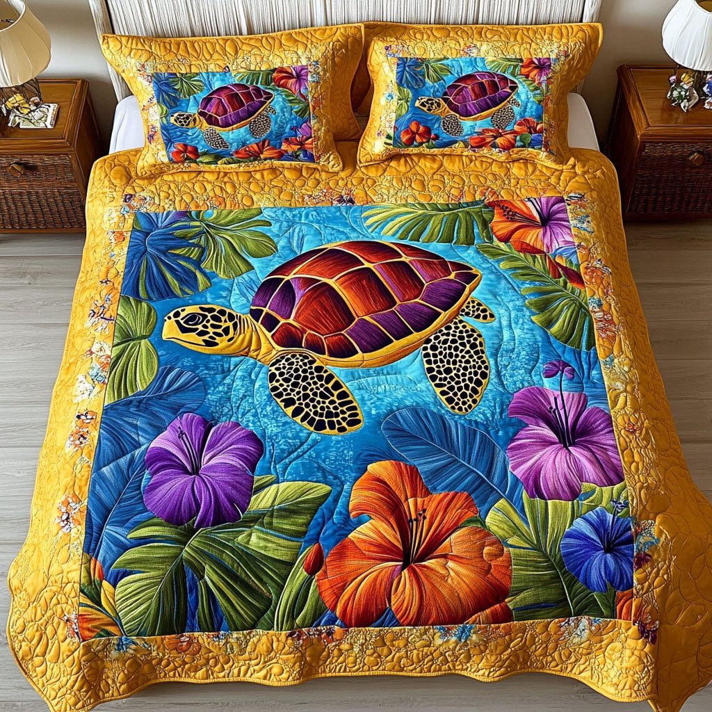 Vibrant Lagoon quilted 3-piece bedding set on a made bed in a light coastal bedroom