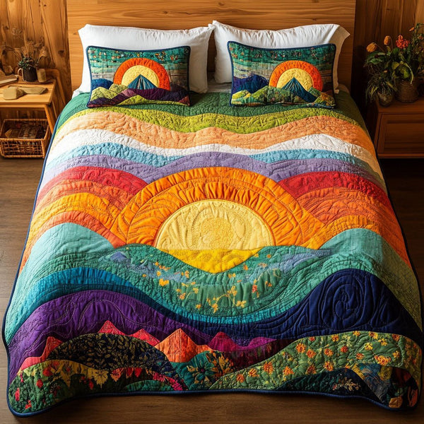 Vibrant Landscape quilted 3-piece bedding set on a made bed with two matching pillow shams