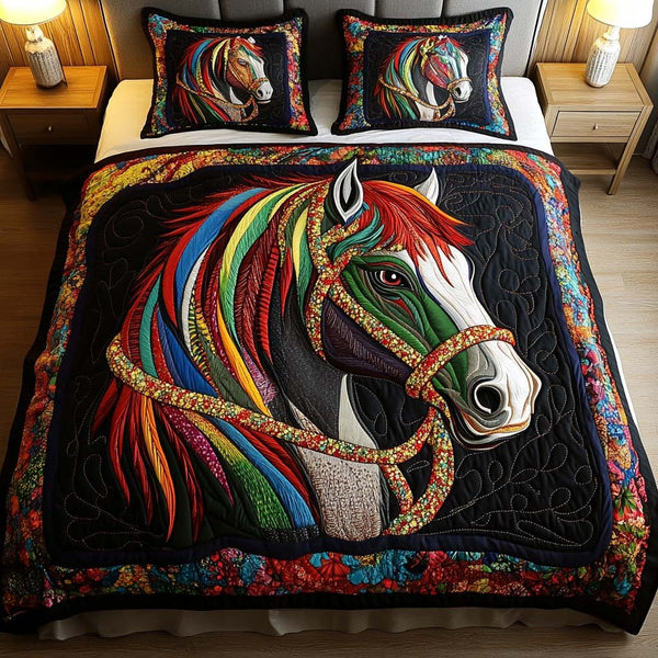 Vibrant Mane quilted 3-piece bedding set on a made bed with two matching pillow shams