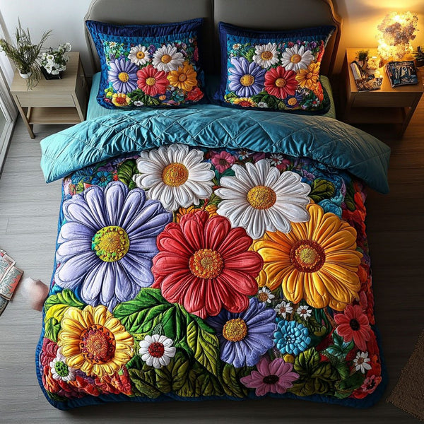 Vibrant Meadow quilted 3-piece bedding set on a made bed with two matching pillow shams