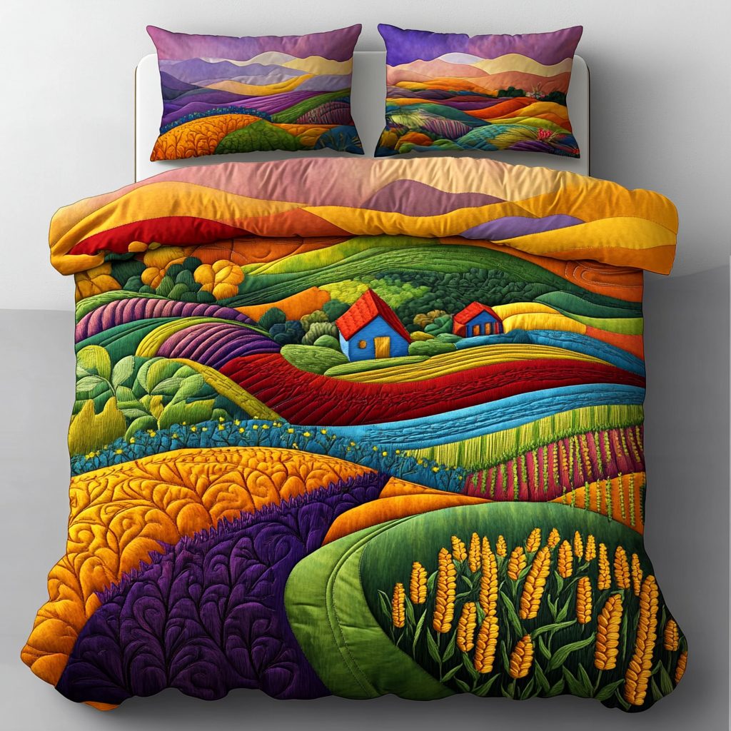 Vibrant Meadows quilted 3-piece bedding set on a made bed with two matching pillow shams