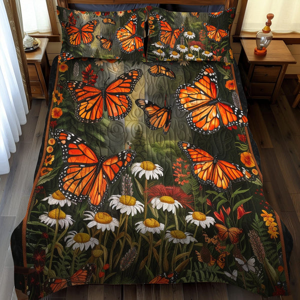 Vibrant Monarch Butterflies quilted 3-piece bedding set on a made bed with two matching pillow shams