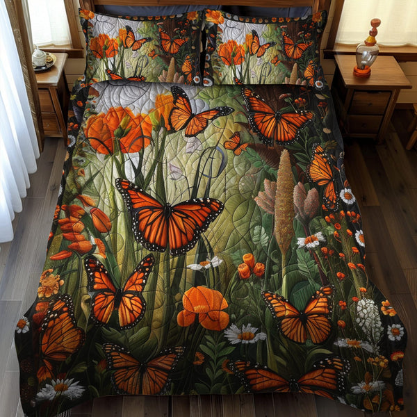 Vibrant Monarch Butterflies quilted 3-piece bedding set on a made bed with two matching pillow shams