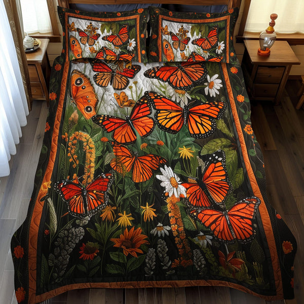 Vibrant Monarch Butterflies quilted 3-piece bedding set on a made bed with two matching pillow shams