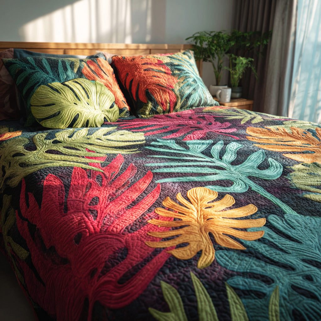 Vibrant Monstera quilted 3-piece bedding set on a made bed with two matching pillow shams