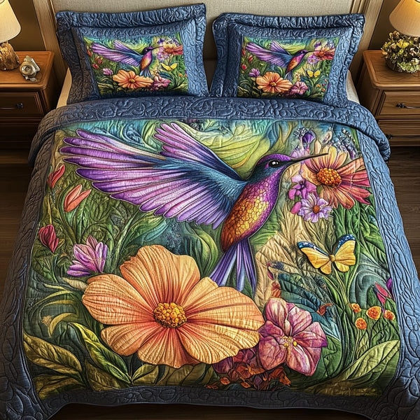 Vibrant Nectar quilted 3-piece bedding set on a made bed with two matching pillow shams