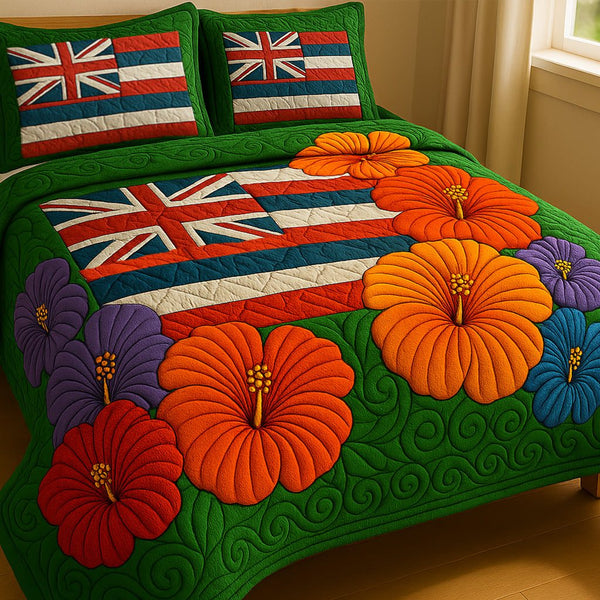 Vibrant Paradise quilted 3-piece bedding set on a made bed with two matching pillow shams