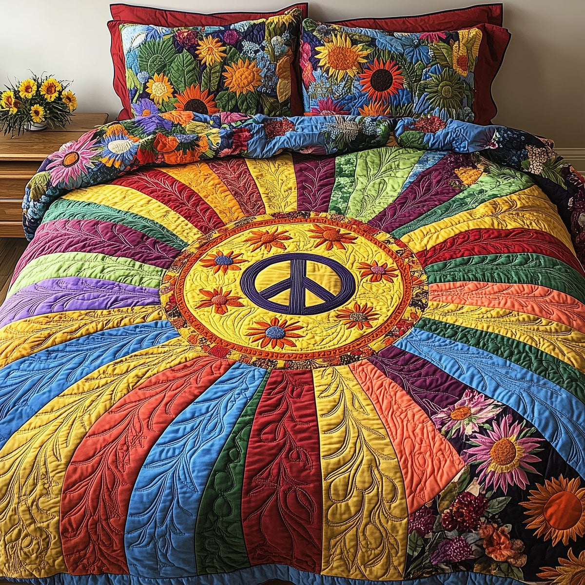 Vibrant Peace quilted 3-piece bedding set on a made bed with two matching pillow shams