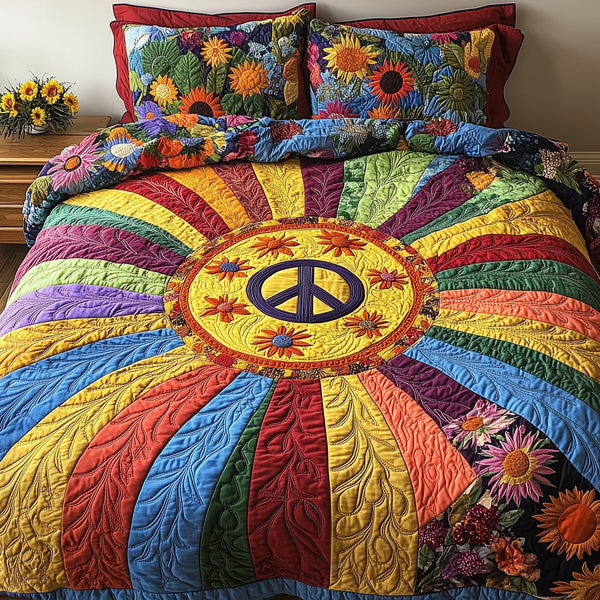 Vibrant Peace quilted 3-piece bedding set on a made bed with two matching pillow shams