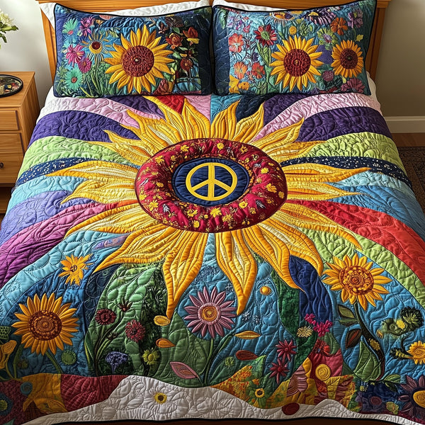 Vibrant Peace quilted 3-piece bedding set on a made bed with two matching pillow shams