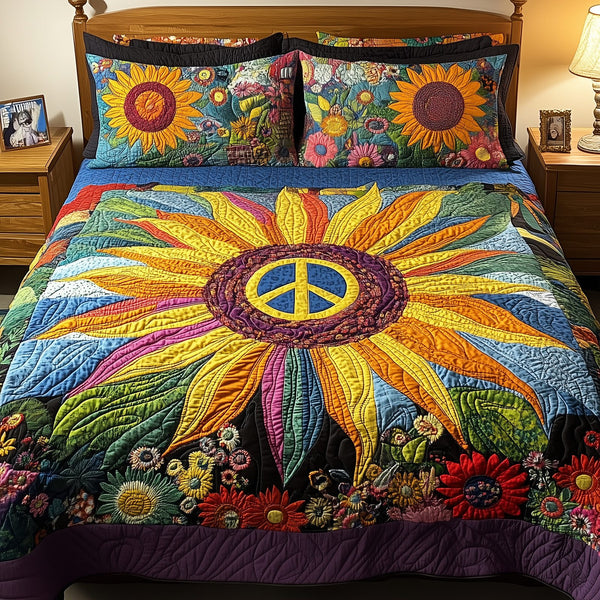 Vibrant Peace quilted 3-piece bedding set on a made bed with two matching pillow shams