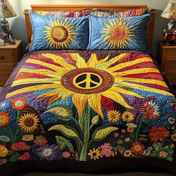 Vibrant Peace quilted 3-piece bedding set on a made bed with two matching pillow shams