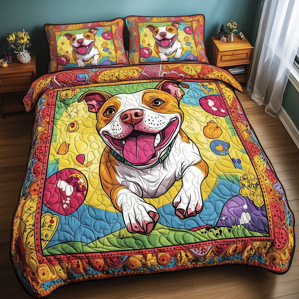 Vibrant Pitbull Dash quilted 3-piece bedding set on a made bed with two matching pillow shams