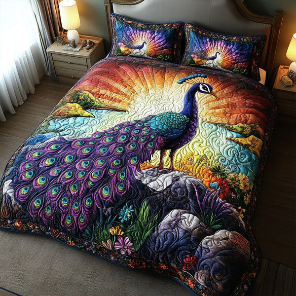 Vibrant Plume Meadows quilted 3-piece bedding set on a made bed with two matching pillow shams