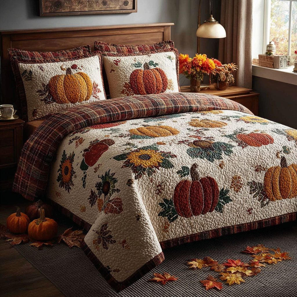 Vibrant Pumpkin Patch quilted 3-piece bedding set on a made bed against a dark styled interior
