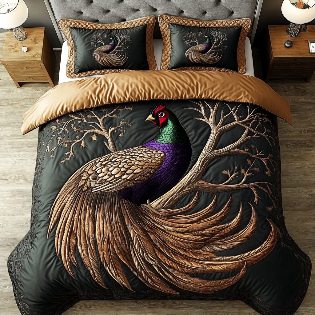 Vibrant Roost quilted 3-piece bedding set on a made bed with two matching pillow shams