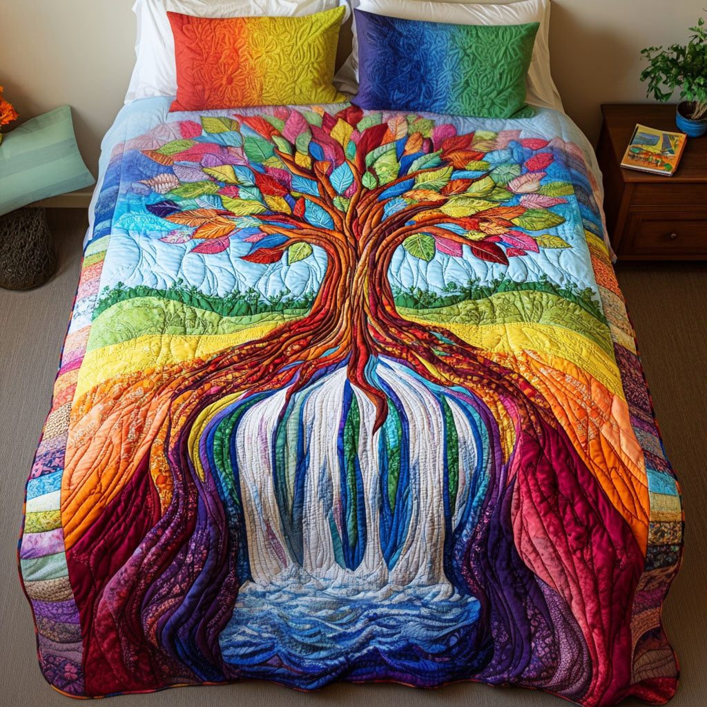 Vibrant Roots Cascade quilted 3-piece bedding set on a made bed with two matching pillow shams