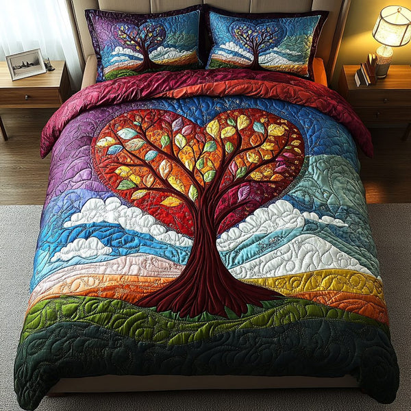 Vibrant Roots of Love quilted 3-piece bedding set on a made bed with two matching pillow shams