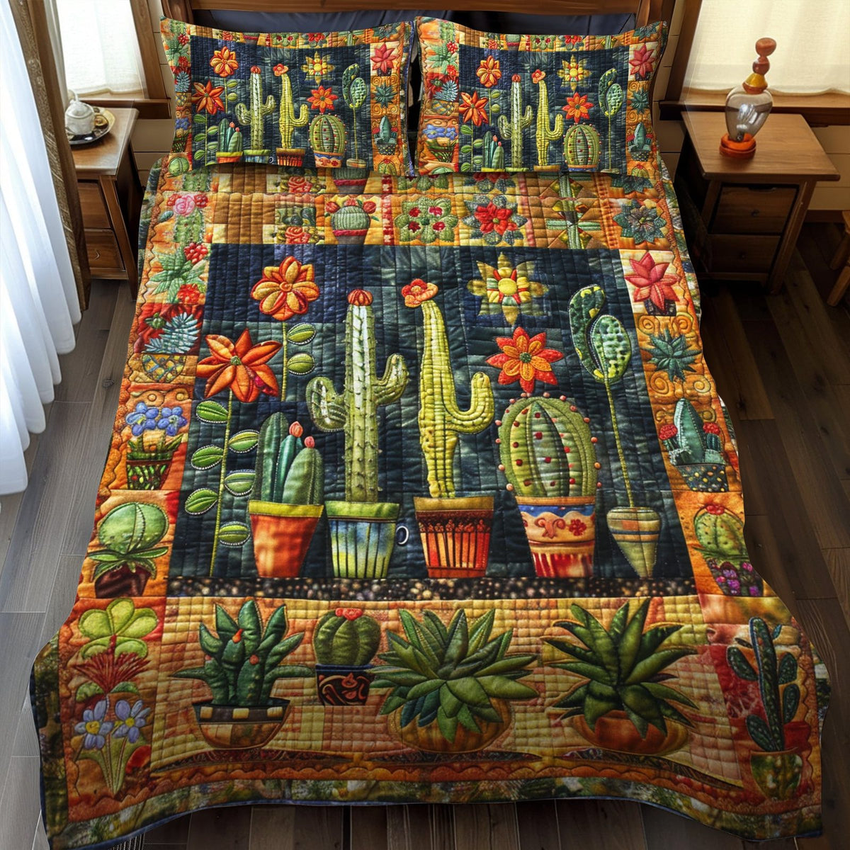 Vibrant Succulent Cactus quilted 3-piece bedding set on a made bed with two matching pillow shams