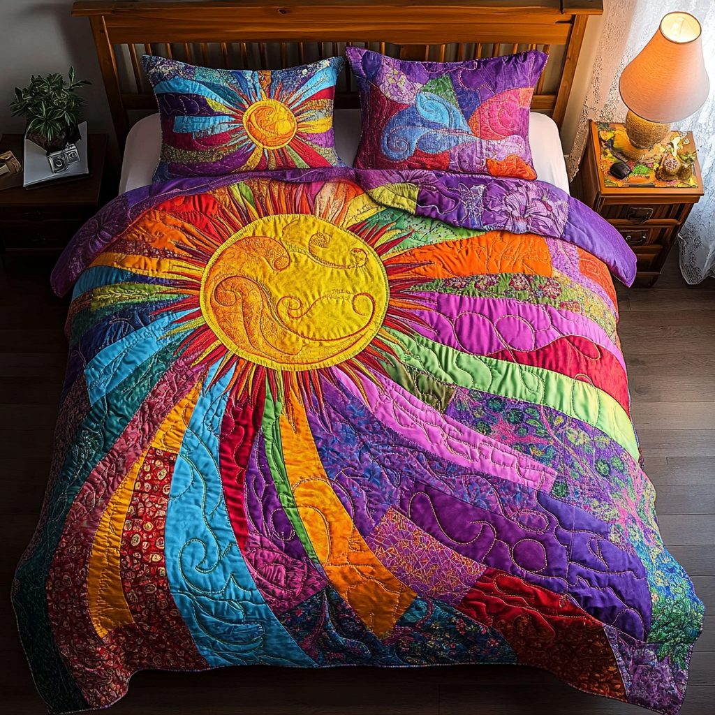 Vibrant Sunburst quilted 3-piece bedding set on a made bed with two matching pillow shams