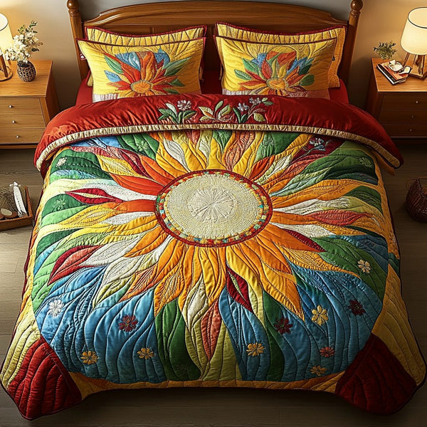 Vibrant Sunflower Glow quilted 3-piece bedding set on a made bed with two matching pillow shams