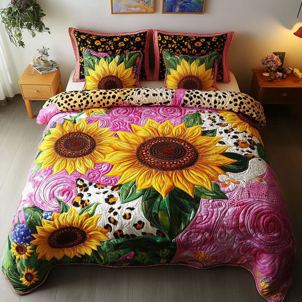 Vibrant Sunflowers quilted 3-piece bedding set on a made bed with two matching pillow shams