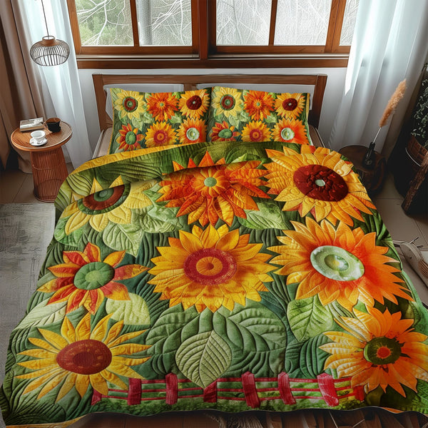 Vibrant Sunflowers quilted 3-piece bedding set on a made bed with two matching pillow shams