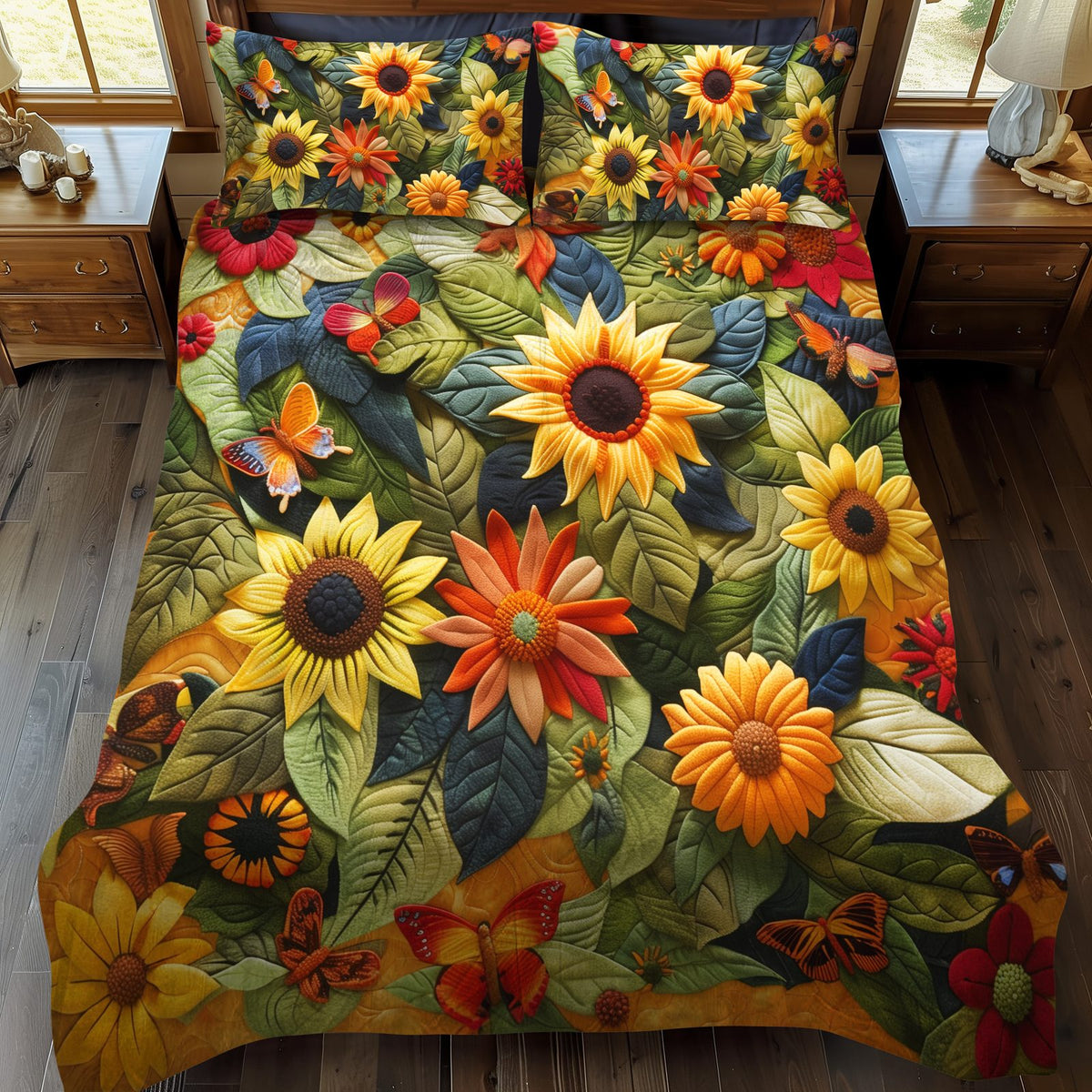 Vibrant Sunflowers quilted 3-piece bedding set on a made bed with two matching pillow shams