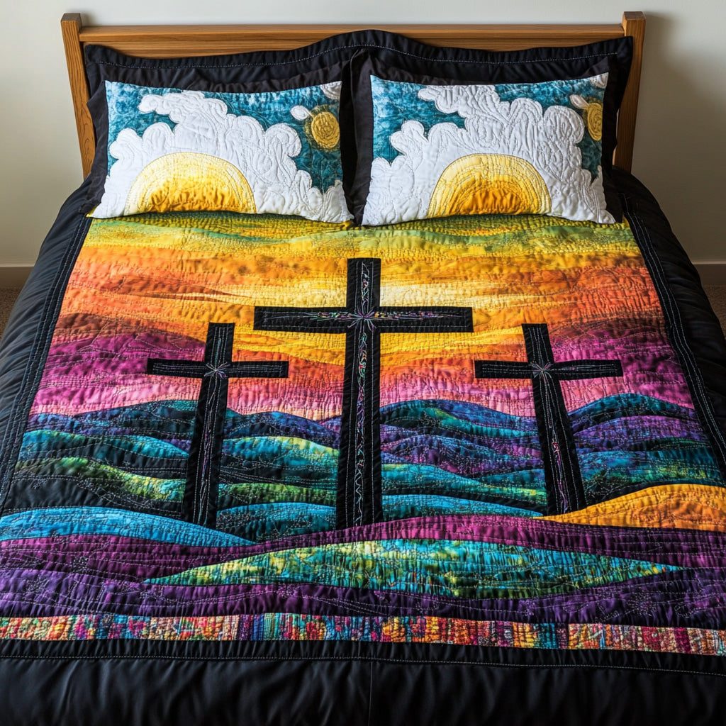 Vibrant Sunrise Crosses quilted 3-piece bedding set on a made bed in a softly lit bedroom