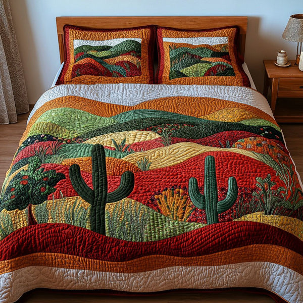 Vibrant Sunset Cactus quilted 3-piece bedding set on a made bed with two matching pillow shams
