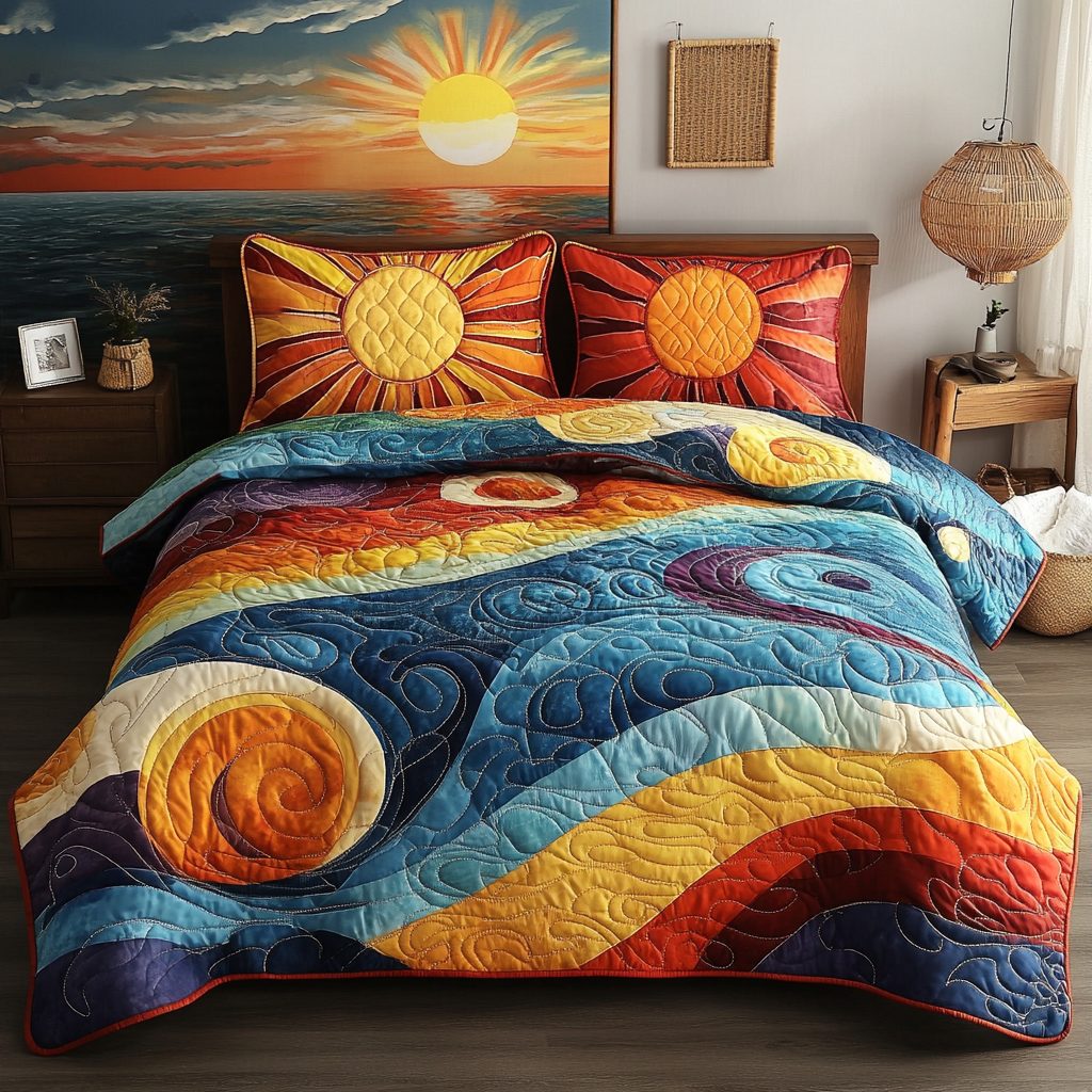 Vibrant Sunset Swirl quilted 3-piece bedding set on a made bed with two matching pillow shams