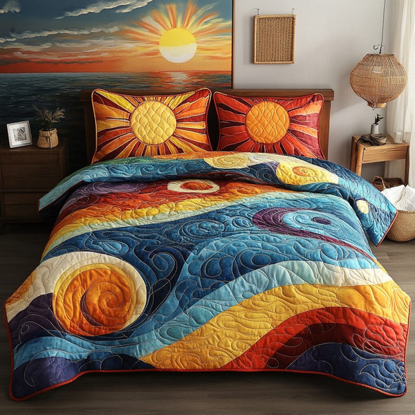 Vibrant Sunset Swirl quilted 3-piece bedding set on a made bed with two matching pillow shams