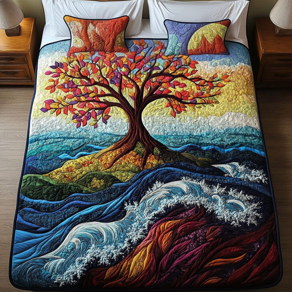 Vibrant Tree quilted 3-piece bedding set on a made bed with two matching pillow shams