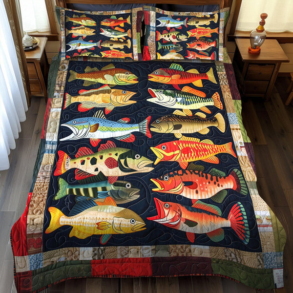 Vibrant Trout quilted 3-piece bedding set on a made bed with two matching pillow shams