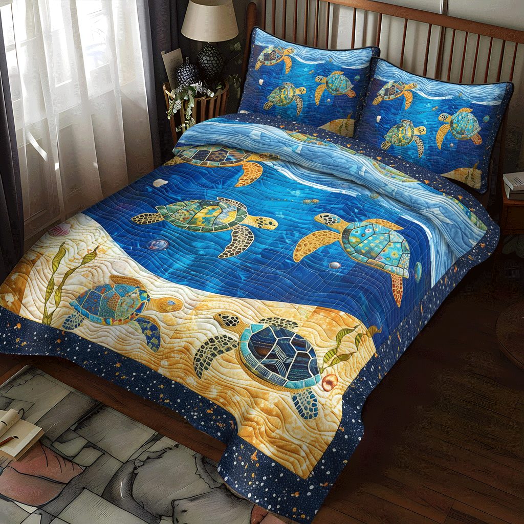 Vibrant Turtle Voyage quilted 3-piece bedding set on a made bed in a light coastal bedroom