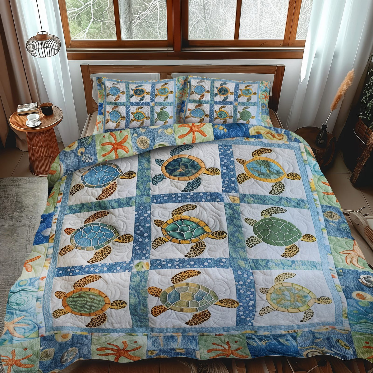 Vibrant Turtles quilted 3-piece bedding set on a made bed in a light coastal bedroom