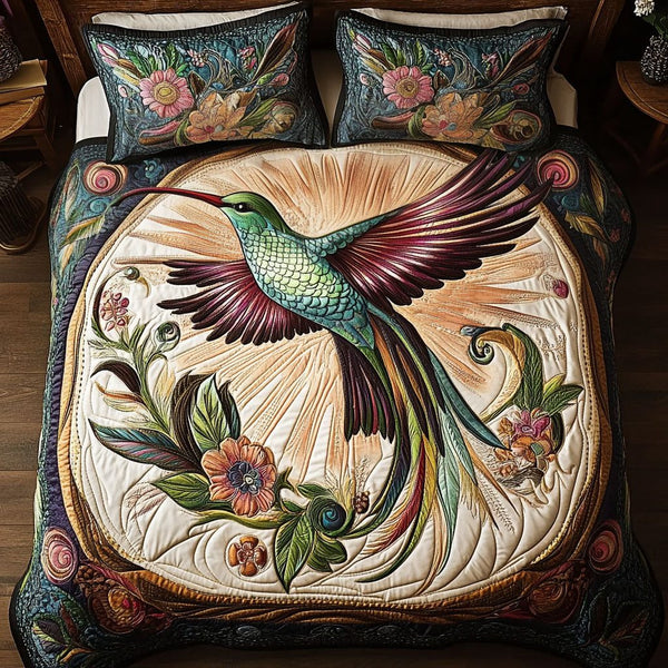Vibrant Whirl quilted 3-piece bedding set on a made bed with two matching pillow shams