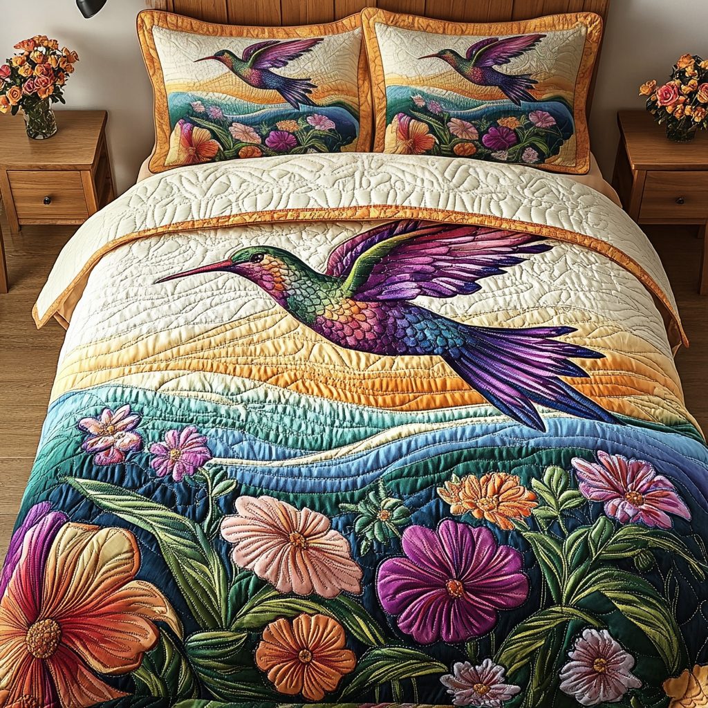 Vibrant Wings quilted 3-piece bedding set on a made bed with two matching pillow shams